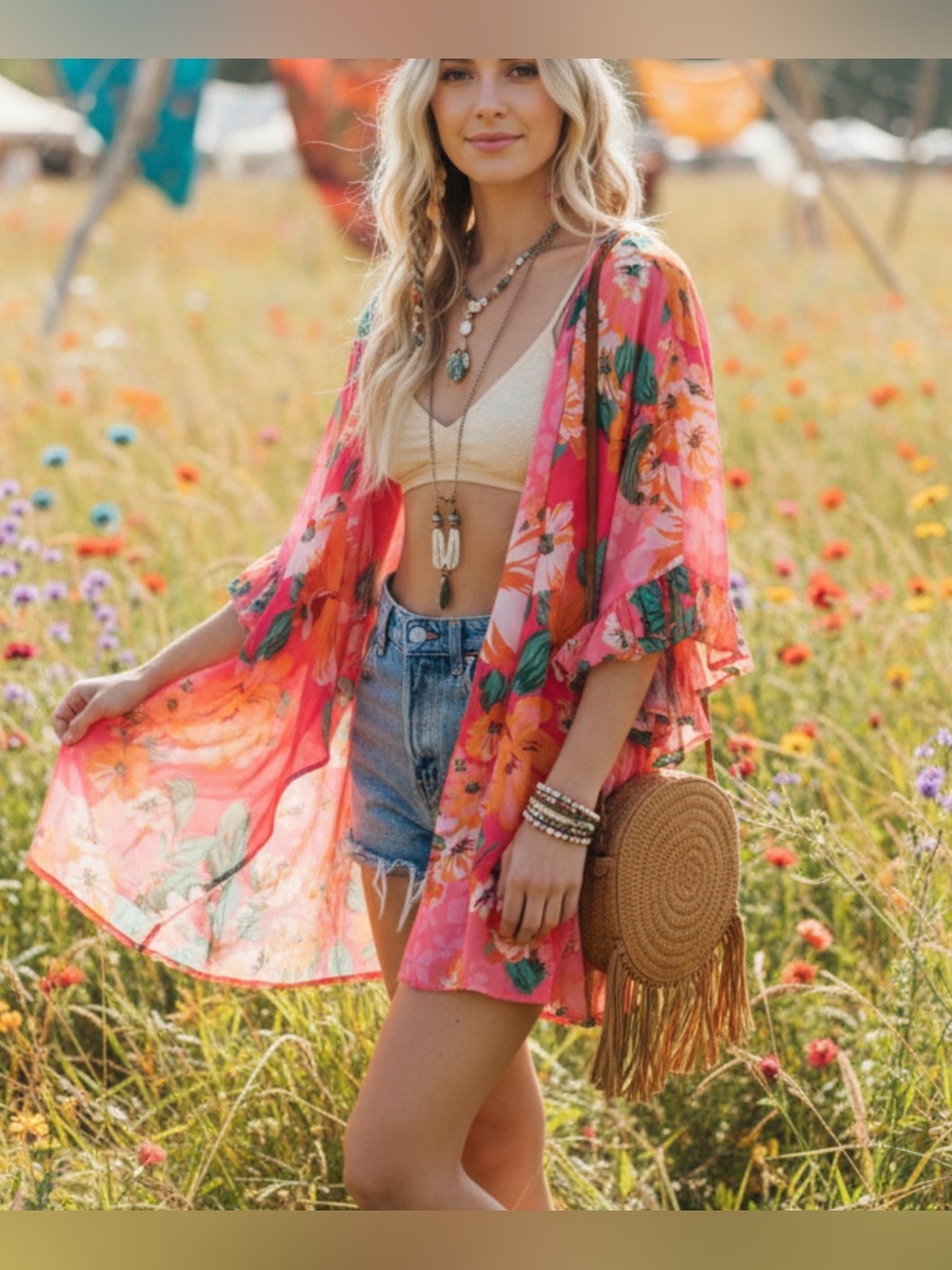 Umgee Boho Floral Kimono Sheer Cover Up Festival Beach Swim Vacation Cardi L NWT
